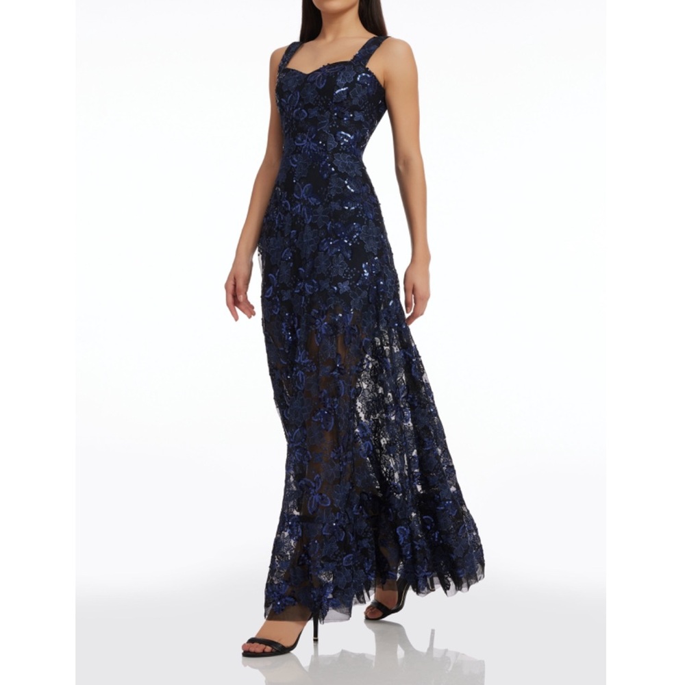 Dress The Population Anabel Sequin Embroidered Gown Size L Pary Cocktail In Navy